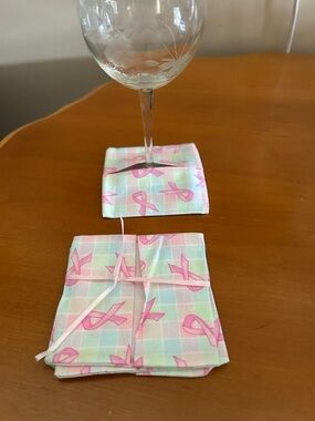 Pastel Plaid Coasters with Pink Ribbon Print